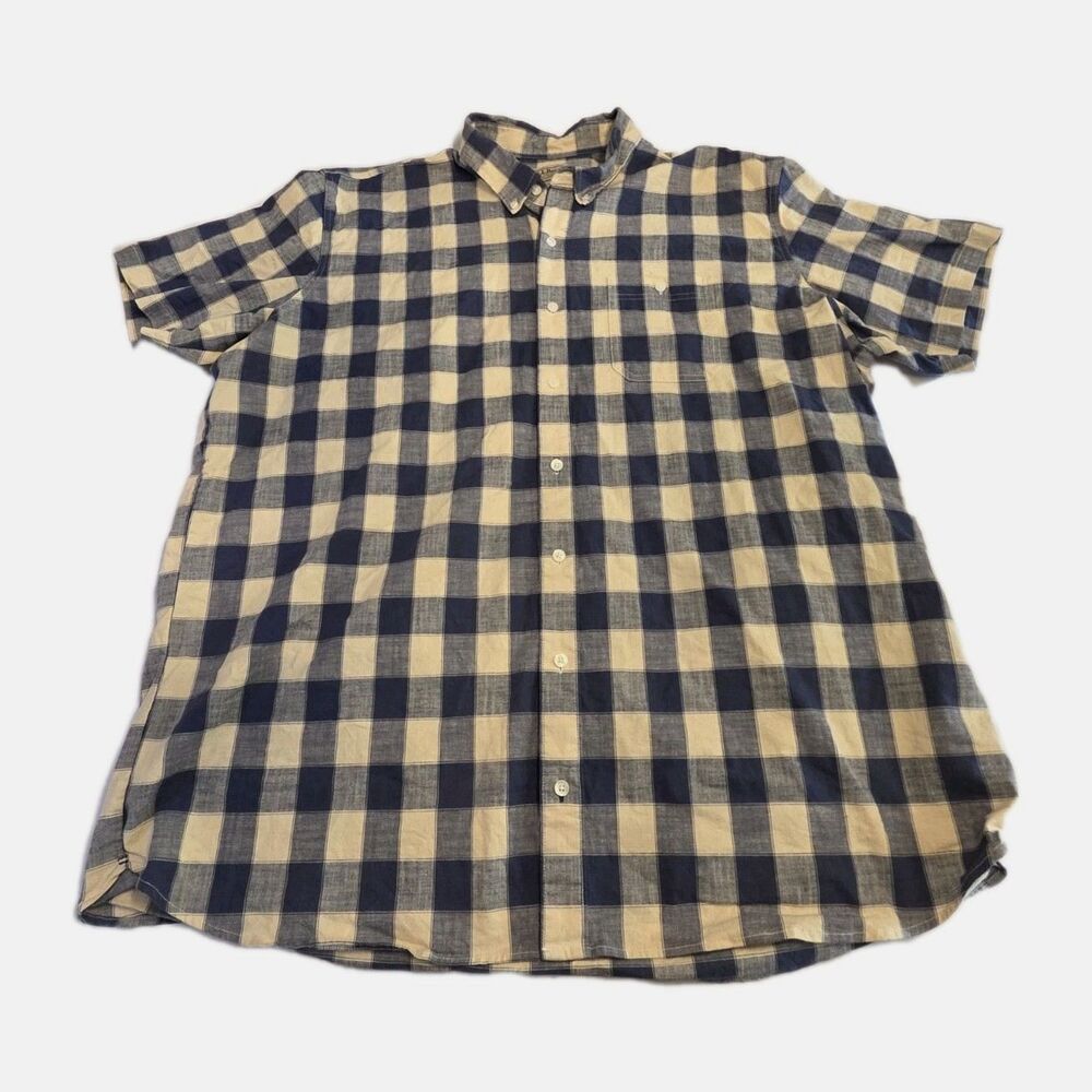 LL Bean Chambray Shirt Mens XXL Tall Blue Plaid Comfort Stretch Short Sleeve